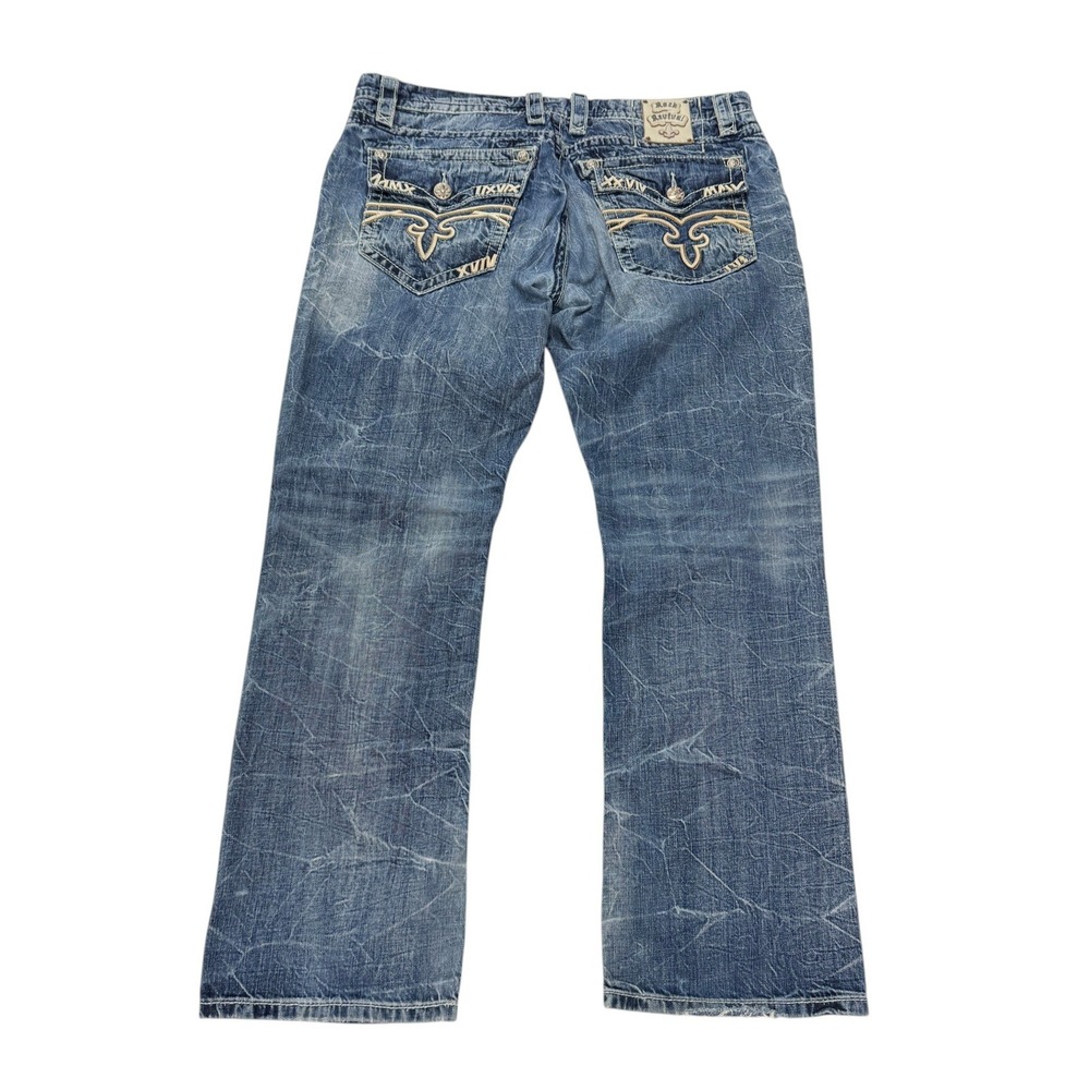 Rock Revival Francis Straight Distressed Blue Jeans Men 38 x 33 Embroidered Y2K - Picture 2 of 16